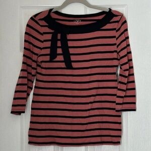 Ann Taylor Loft Pink Black Striped Top Mock Tie Neck Size Small S 3/4 Sleeves